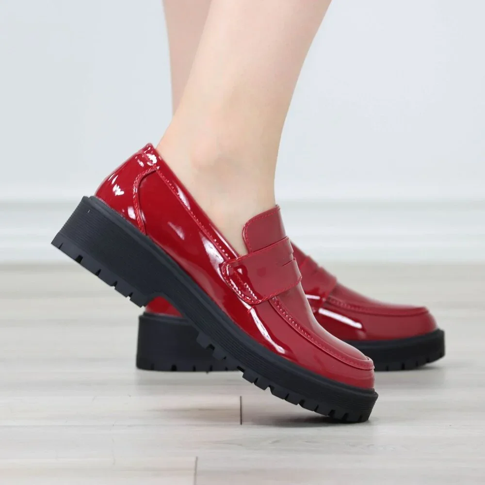 Womens Chunky Penny Loafer Lug Sole Slip On Platform Red Patent - Picture 15 of 16